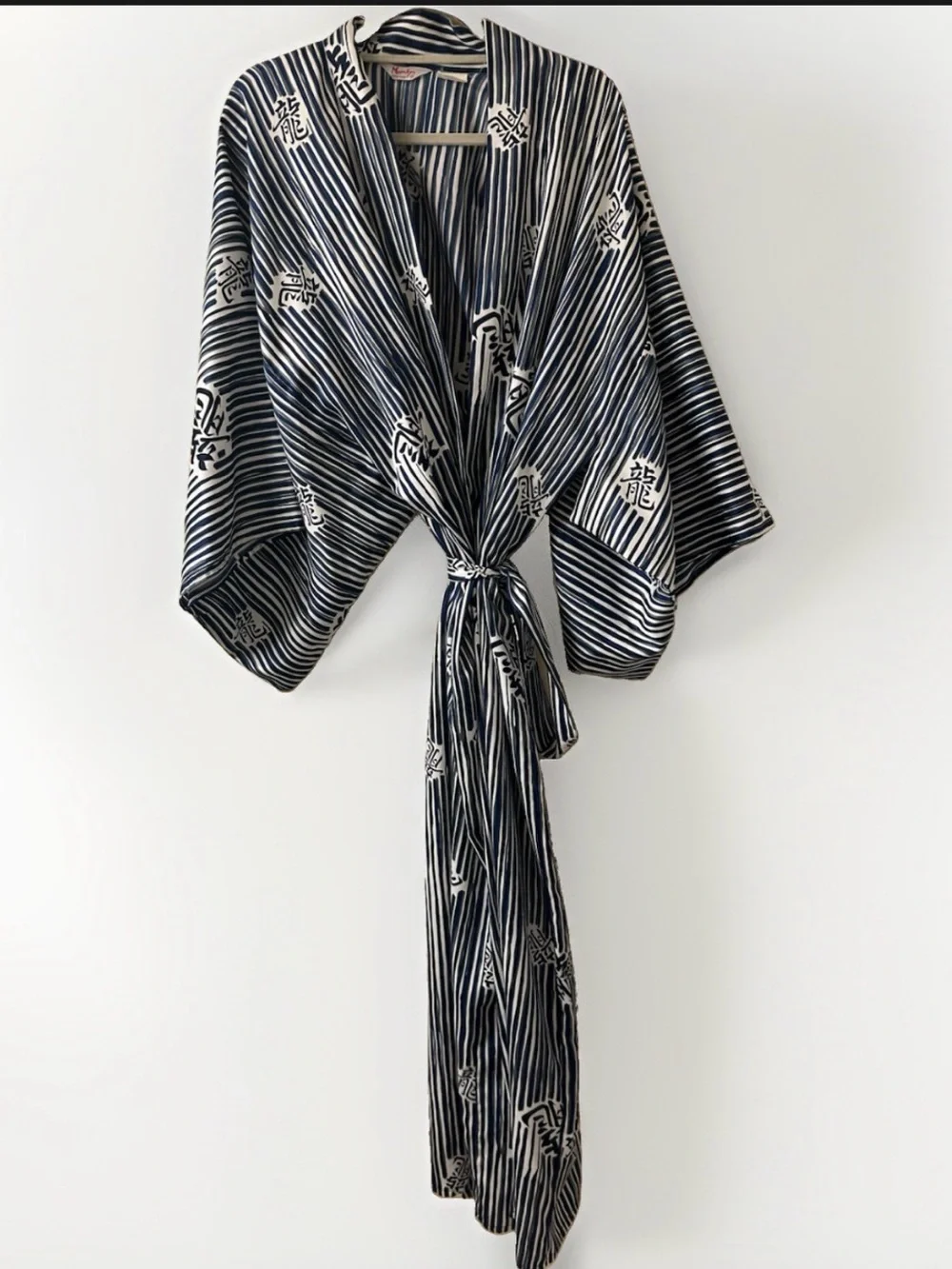 Marukyo Japanese Kimono Robe Yukata Blue Stripe Kanji Full Length Large XLarge